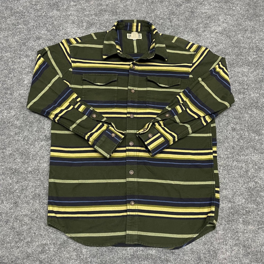 Duluth Trading Shirt Mens Medium Olive Green Striped Button Down Heavy Workwear
